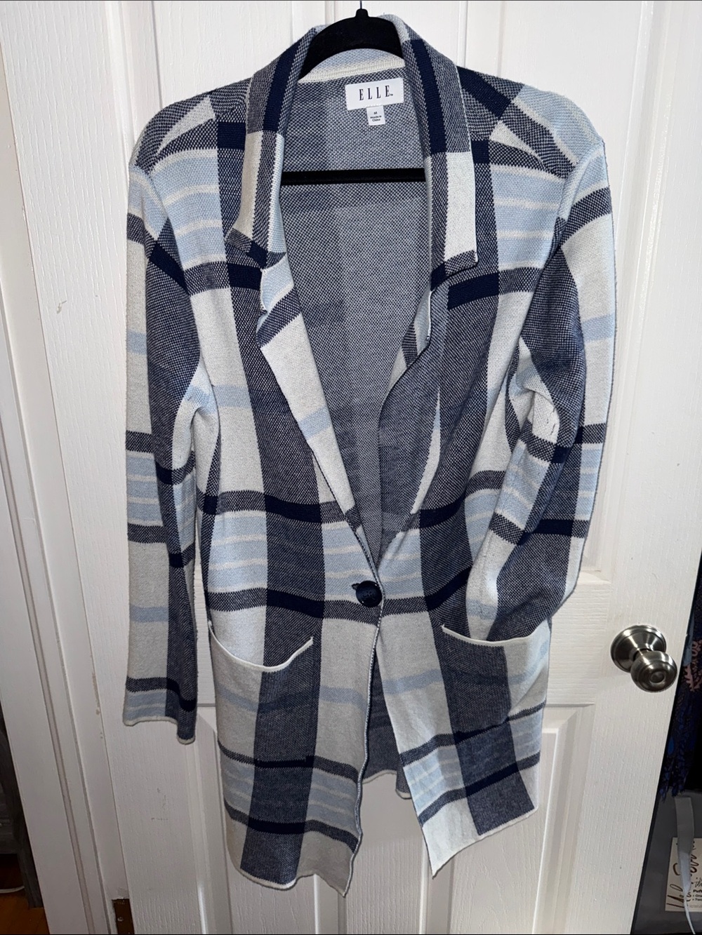 ELLE Blue and Gray Plaid Knit Blazer Cardigan